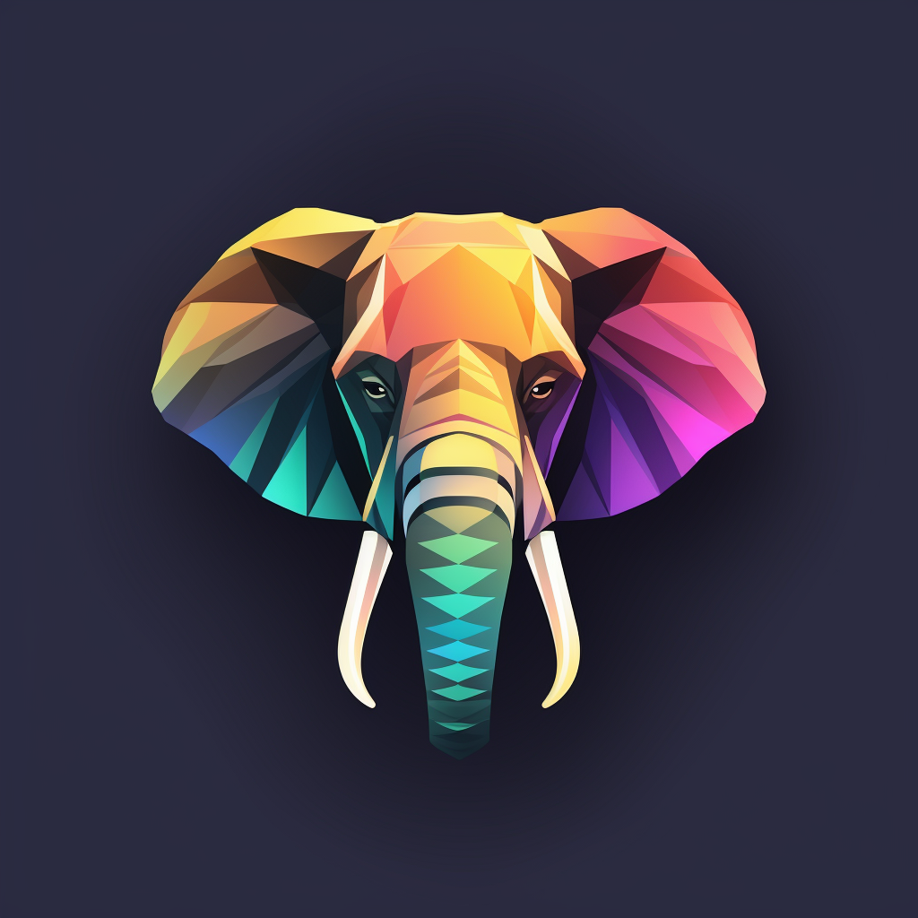 A low-poly, rainbow-faceted elephant head on dark ground