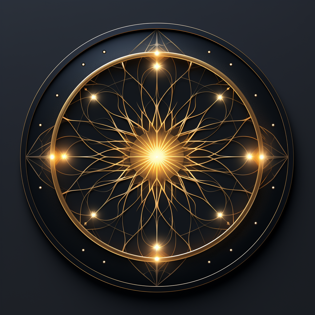 A golden sacred-geometry ring glowing on dark ground