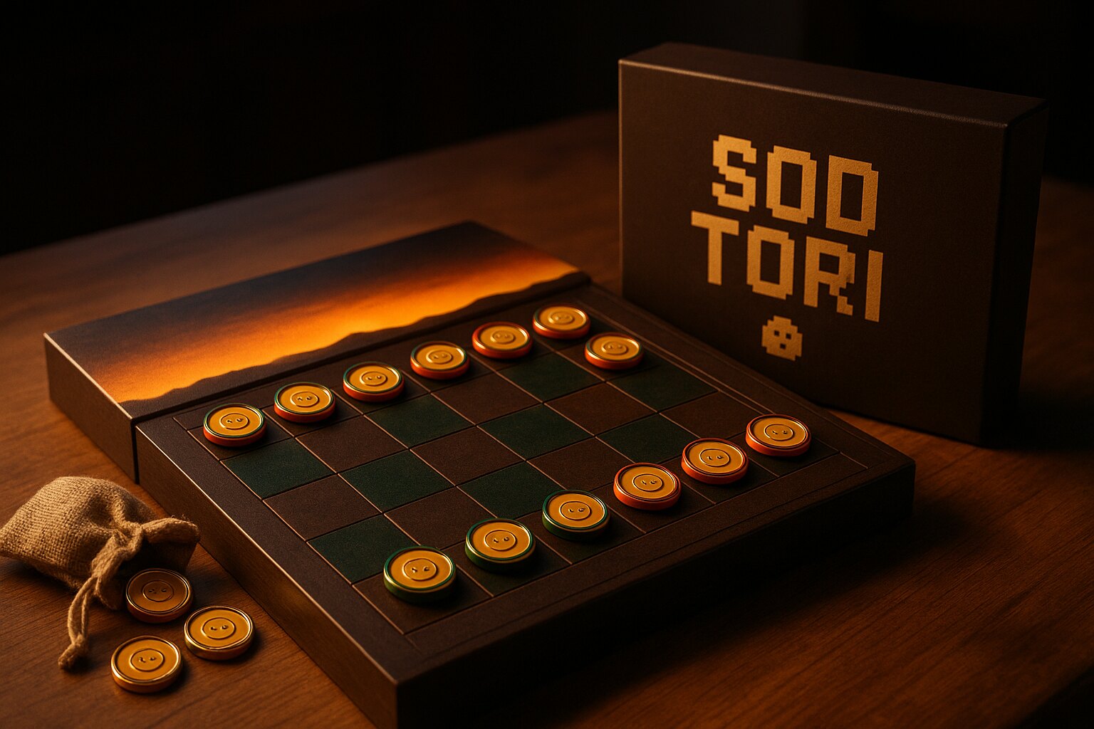 Concept: the physical Sod Tori board game — an 8×8 dark earth board with amber Tato coins in rows, the horizon gradient across the box, pixel SOD TORI lettering
