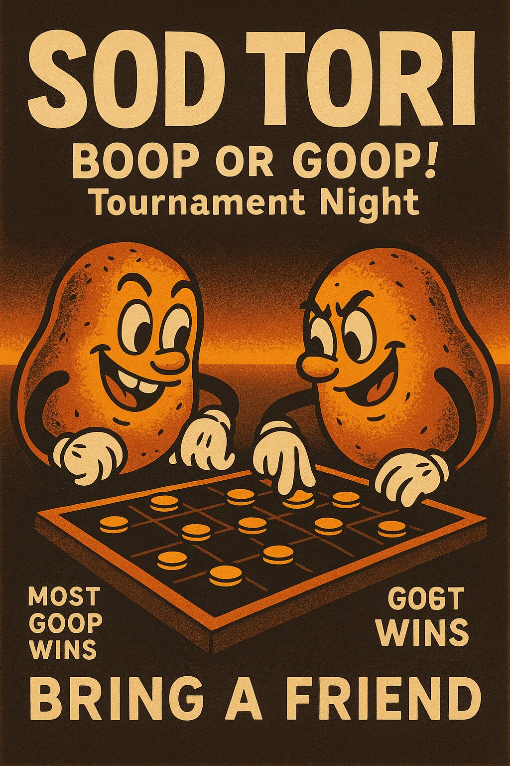 Concept: a retro tournament flier — two rubber-hose potato characters over a board, BOOP OR GOOP! Tournament Night, MOST GOOP WINS, BRING A FRIEND