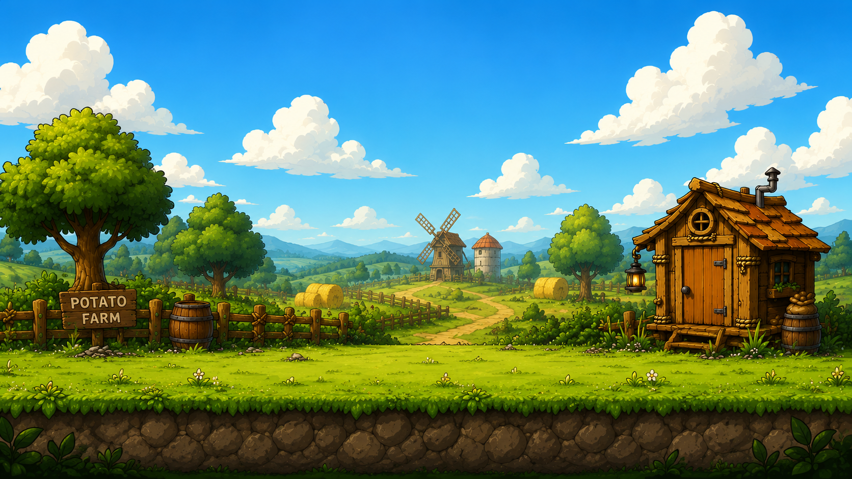 Potato Farm arena: a lush pixel-painted farm with windmill, hay bales, and a wooden shack under a blue sky