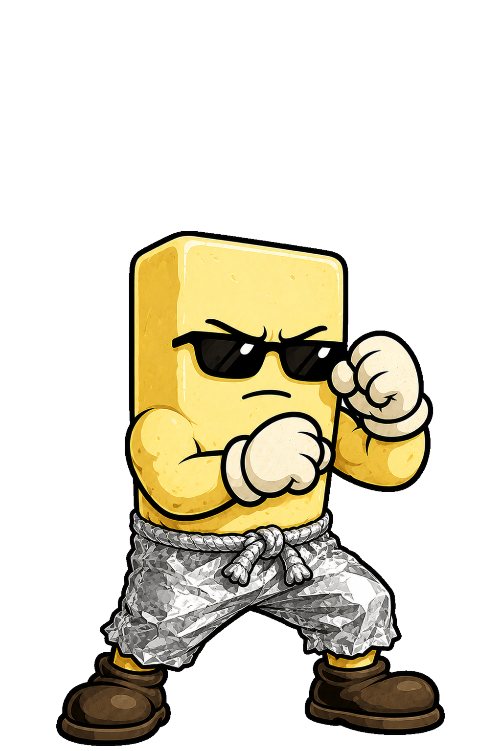 Butter in fighting stance: a rubber-hose slab of butter with gloves up