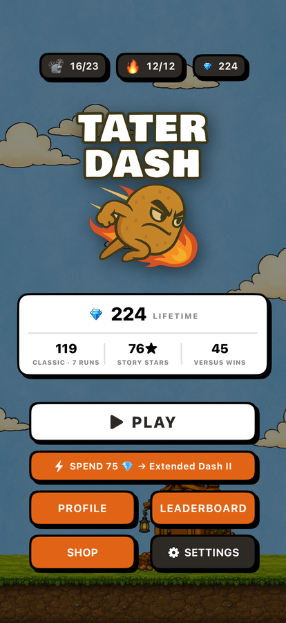 Main menu with title, dashing-potato mark, stats panel, and PLAY