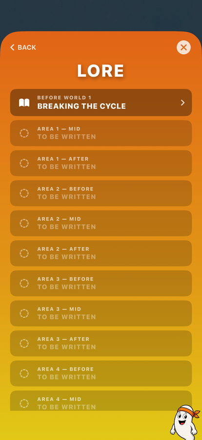 Lore beats with TO BE WRITTEN placeholders