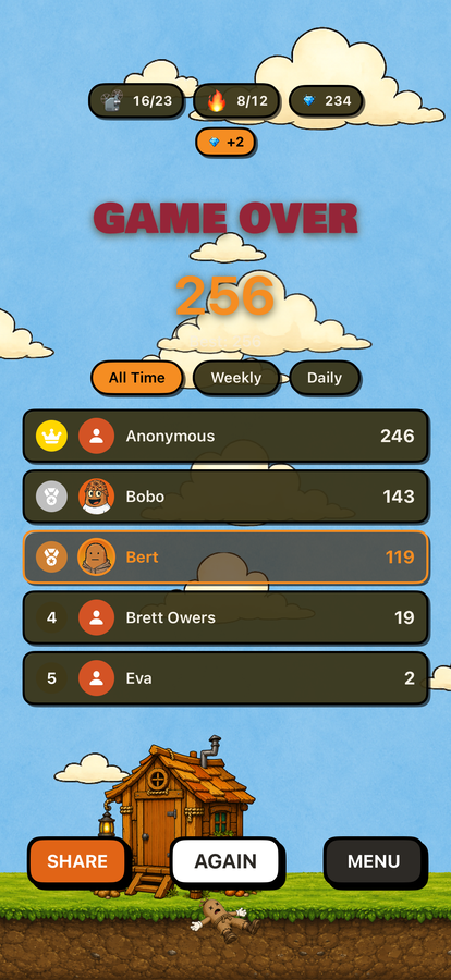 Classic game over with leaderboard