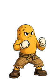 Odie, a determined potato in fighting stance