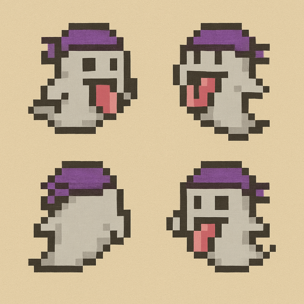 Ohm, the friendly boo: a purple-bandana ghost, tongue out, in four pixel-art frames on a sand-colored field