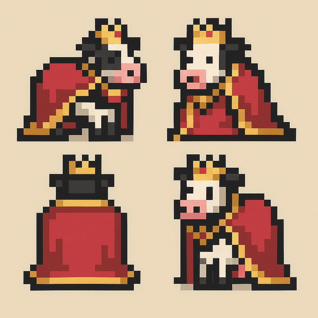Sally, the bovine queen: a crowned cow in a red royal cape, in four pixel-art frames on a cream field