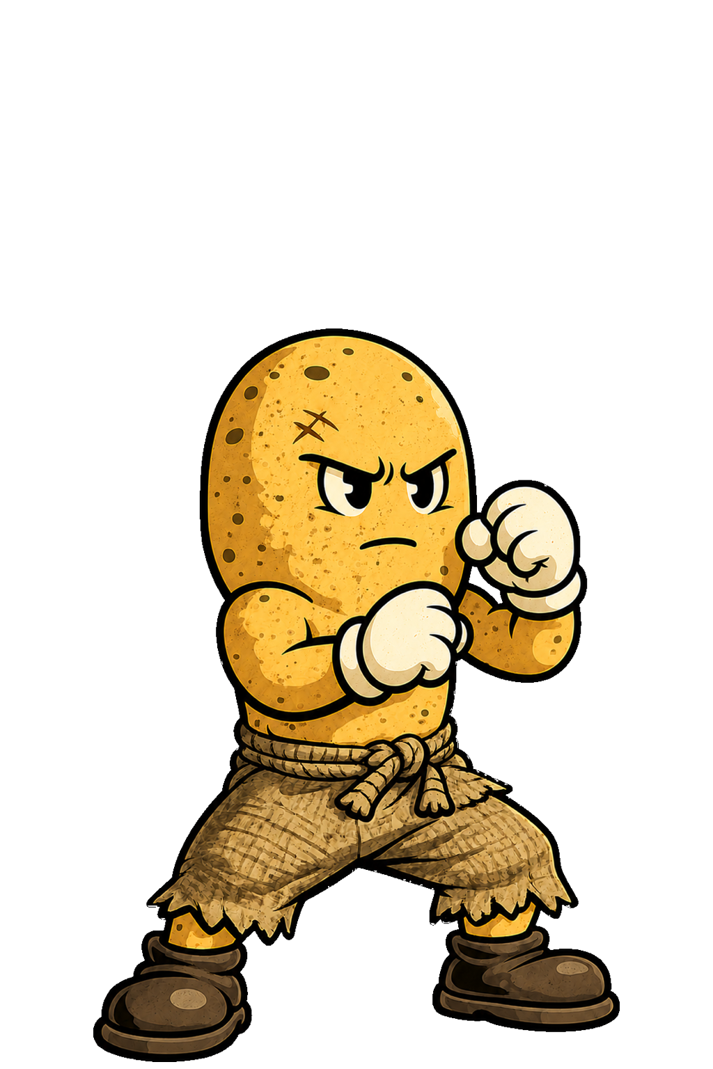 Tater, the determined potato, in fighting stance