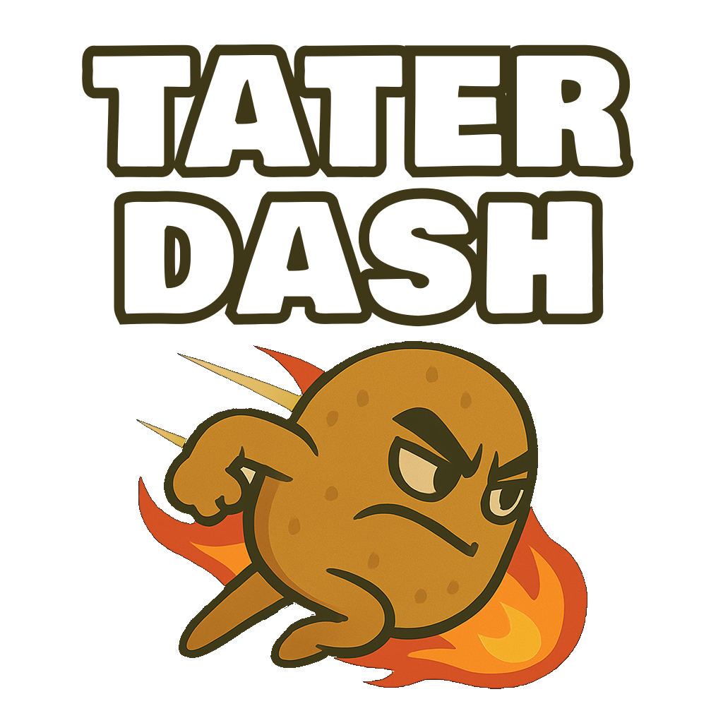 The Tater Dash title mark: chunky white outlined caps above a determined potato dashing left with a flame trail.
