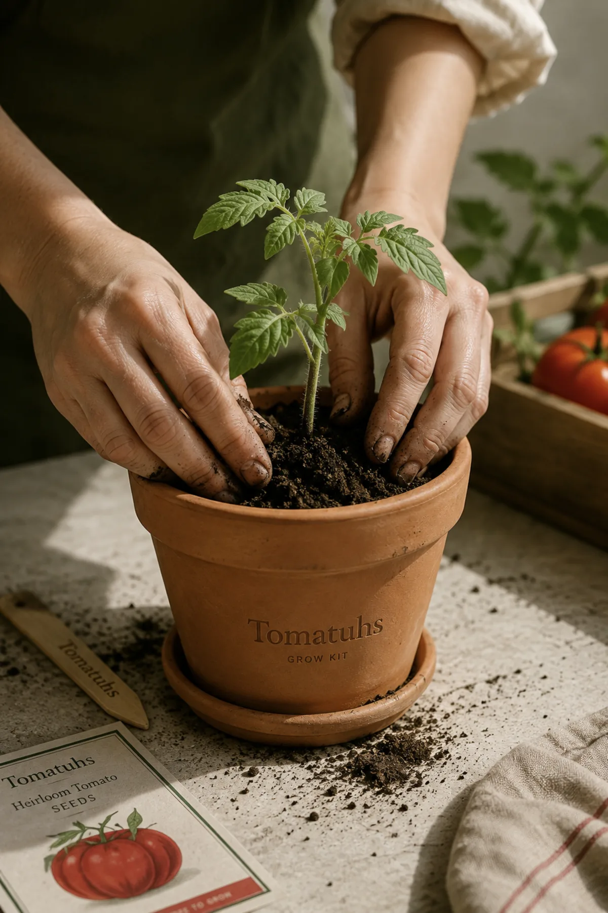 Two soil-dark hands settling a young tomato seedling into a
                 terracotta pot debossed &ldquo;Tomatuhs — Grow Kit,&rdquo; a heirloom
                 seed packet and wooden marker resting on the table beside it.